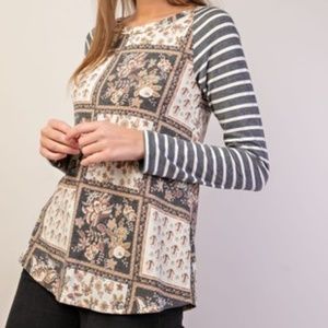 Long Sleeve Floral Body Striped Sleeve Top